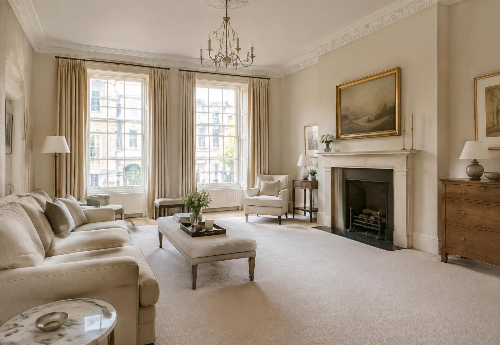 Bright living room with carpet and upholstered furniture